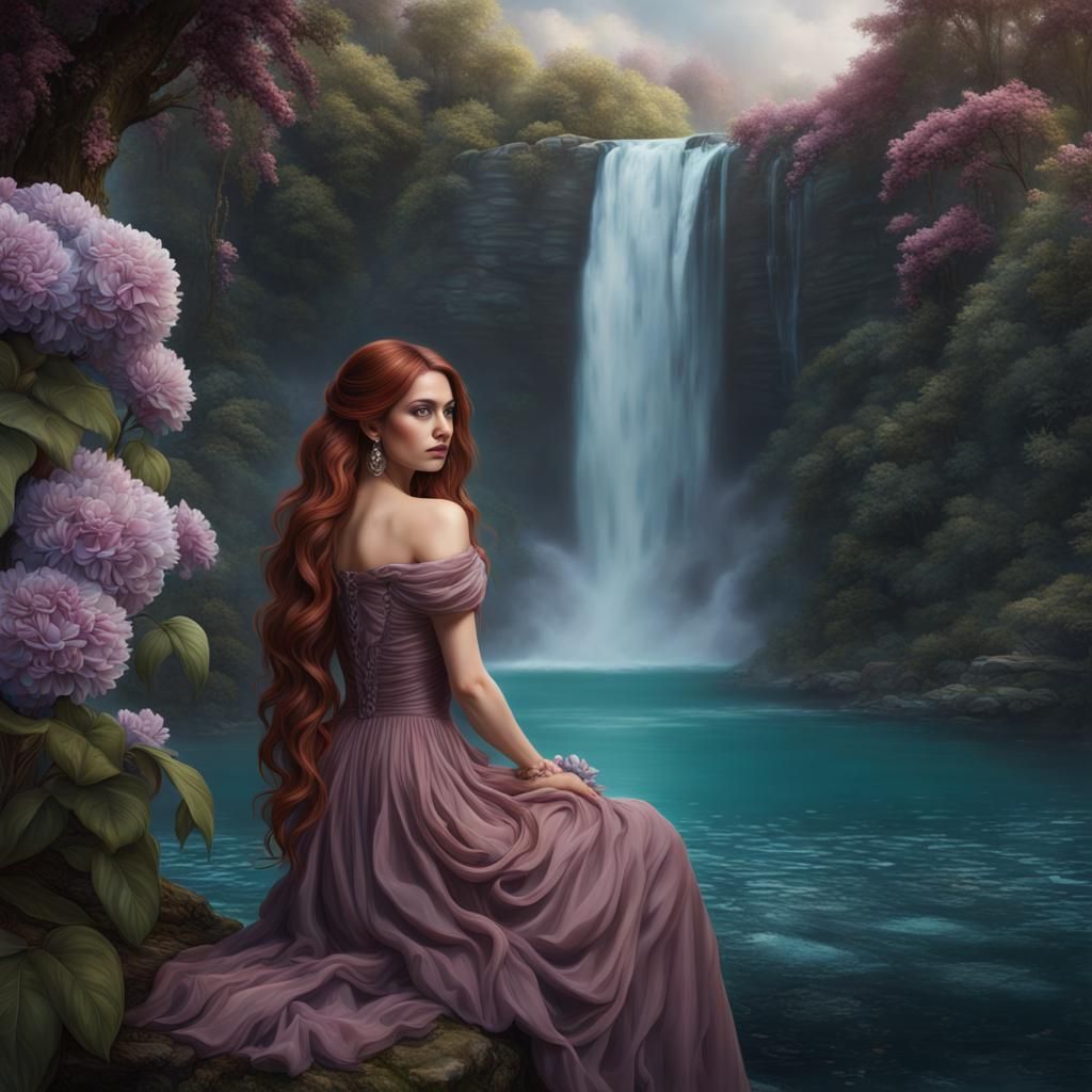 Victorian Woman with Waterfall in Hyperrealism Style