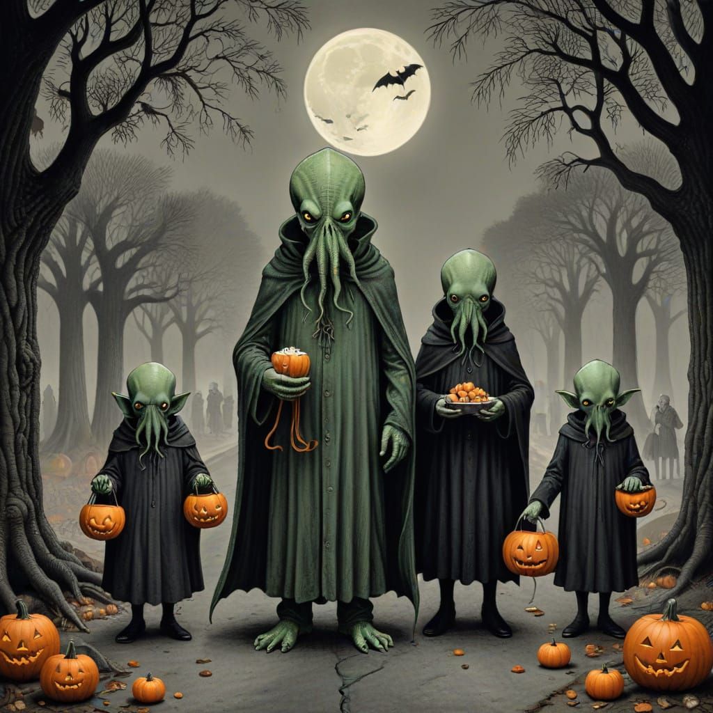 Cthulhu Family Trick-or-Treating in Edward Gorey Style