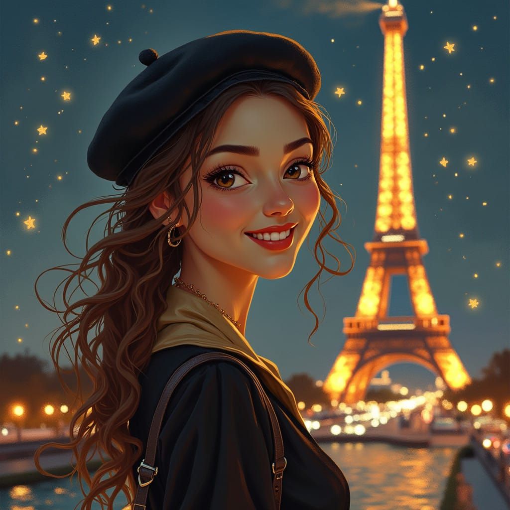 Whimsical Paris at Night with Elegant Woman in Chic Attire