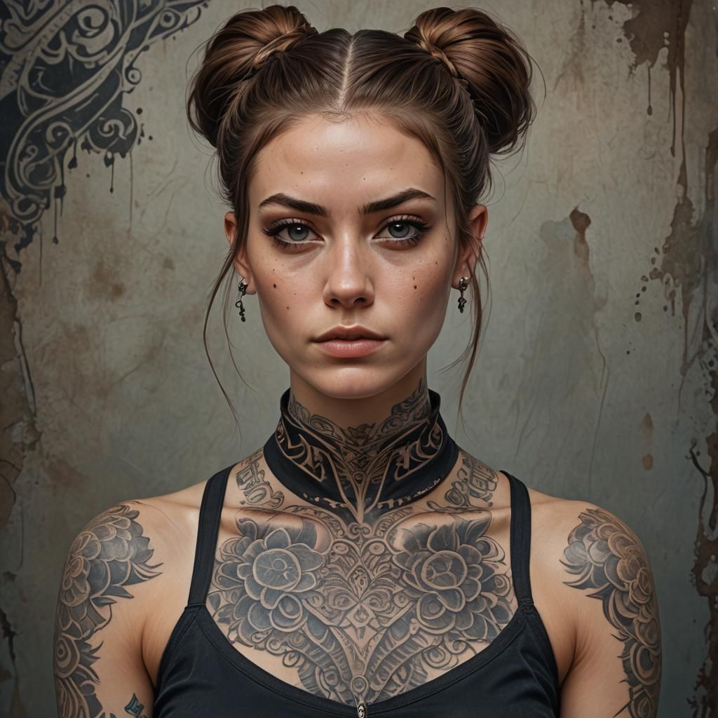 Hyperrealistic Androgynous Portrait with Tattoos, Detailed M...