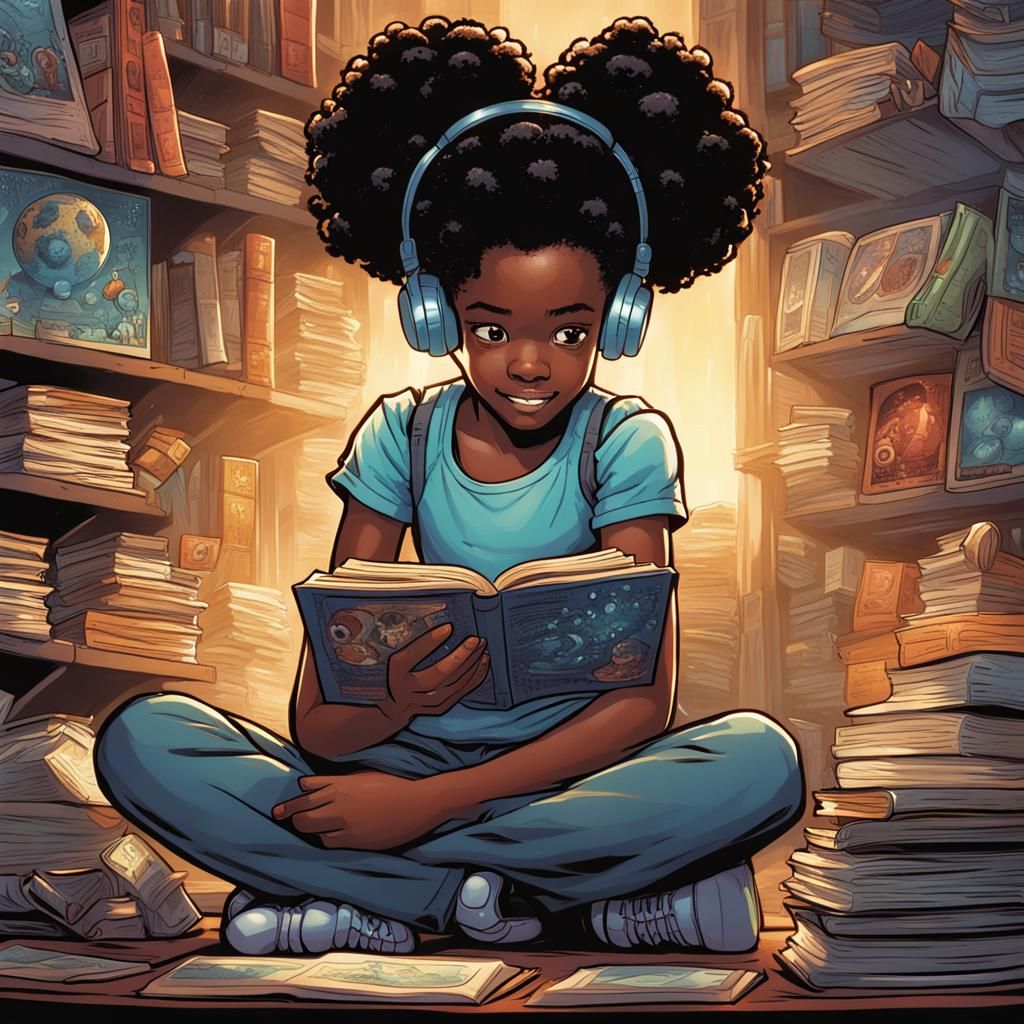 Joyful Black Girl Reading Science Book in Comic Art