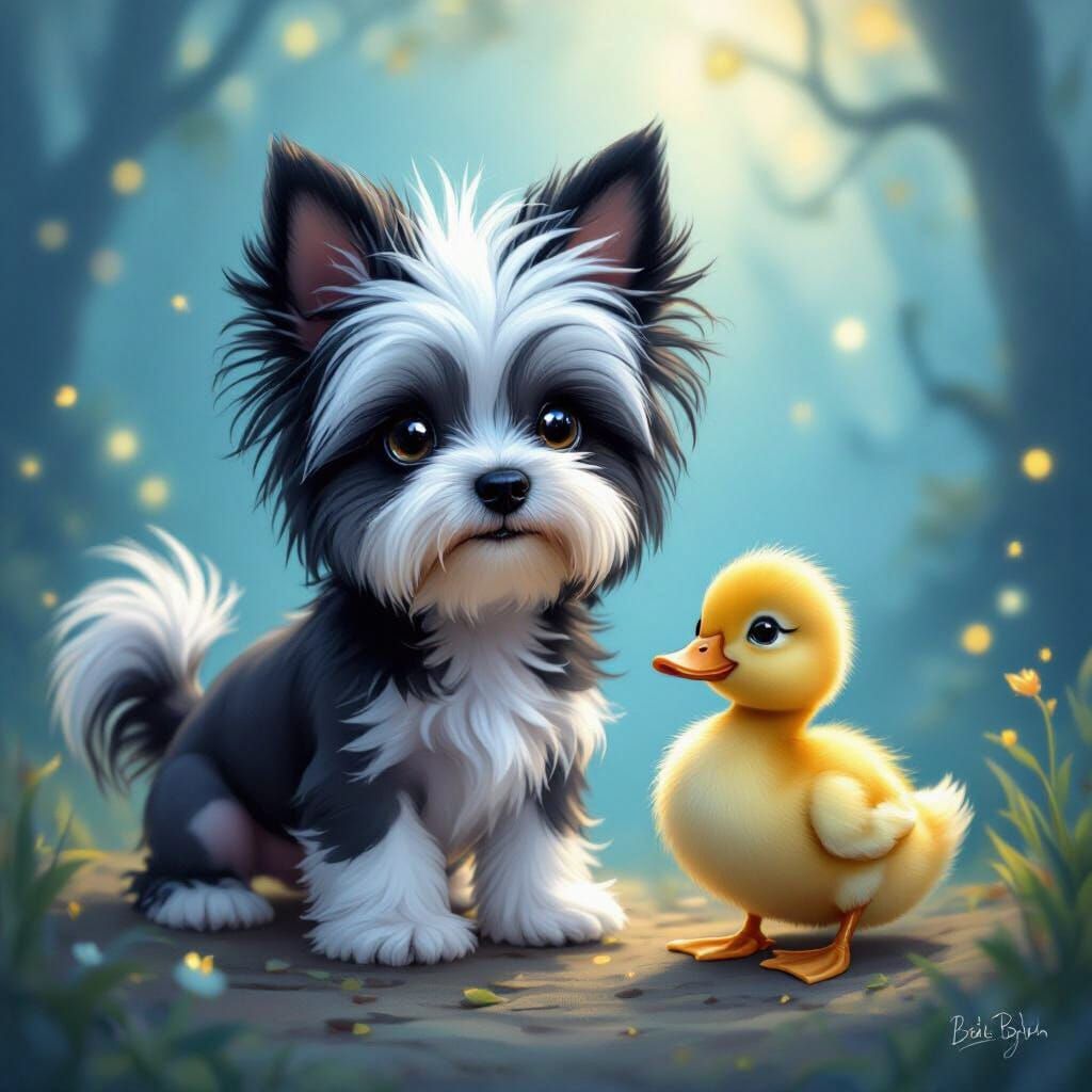 Dog and Duckling in Magical Forest, Dreamy Art