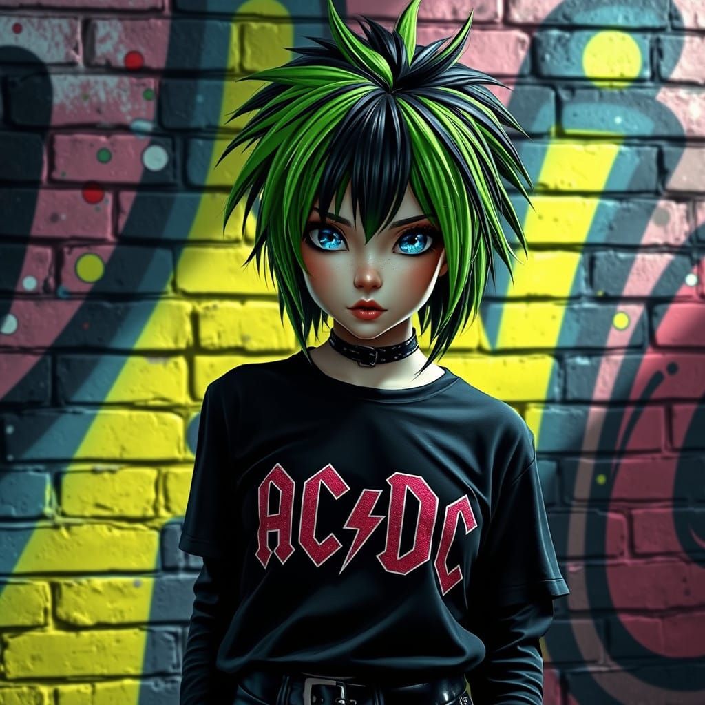 Goth Girl in Triadic Colors Graffiti Portrait with AC/DC Tee