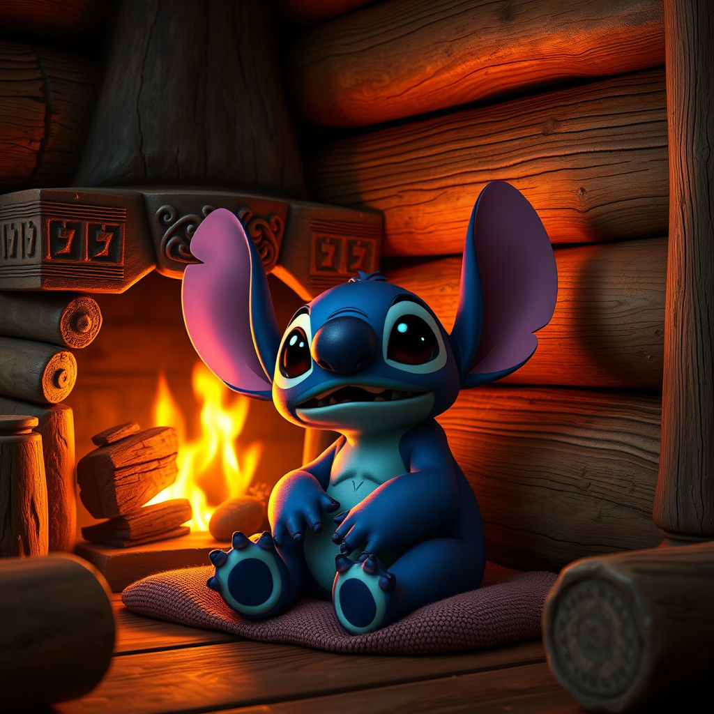 Stitch by Fireplace in Cozy Log Cabin