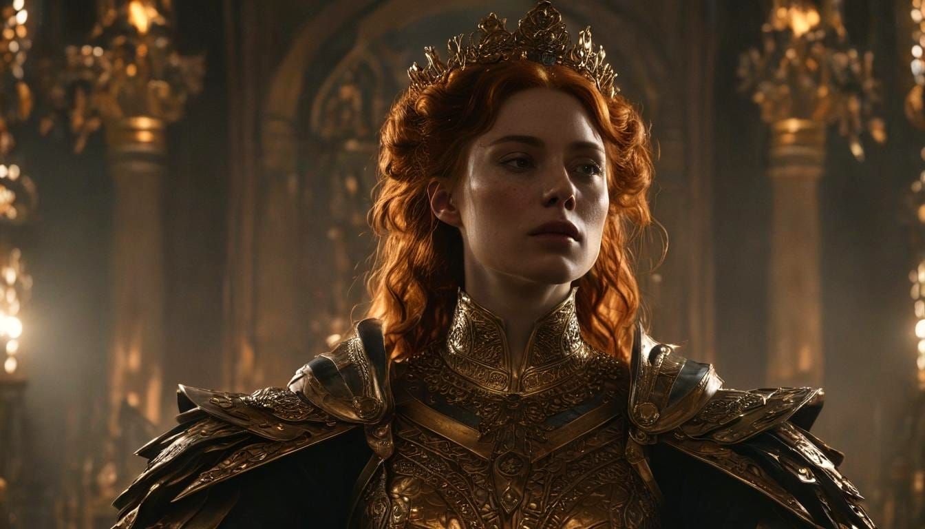 Red-Haired Queen on Throne in Ruined Gothic Palace