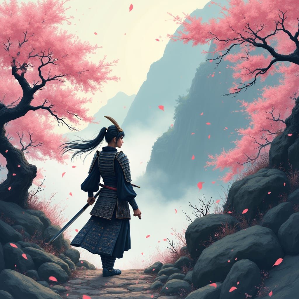 Female Samurai Ascends Mountain Path Amidst Cherry Blossoms