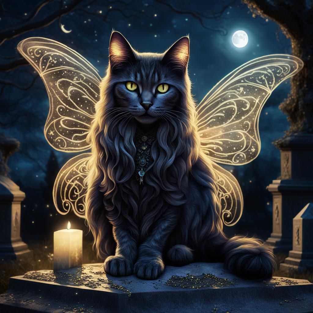 Gothic Cat Fairy Portrait Under the Moon