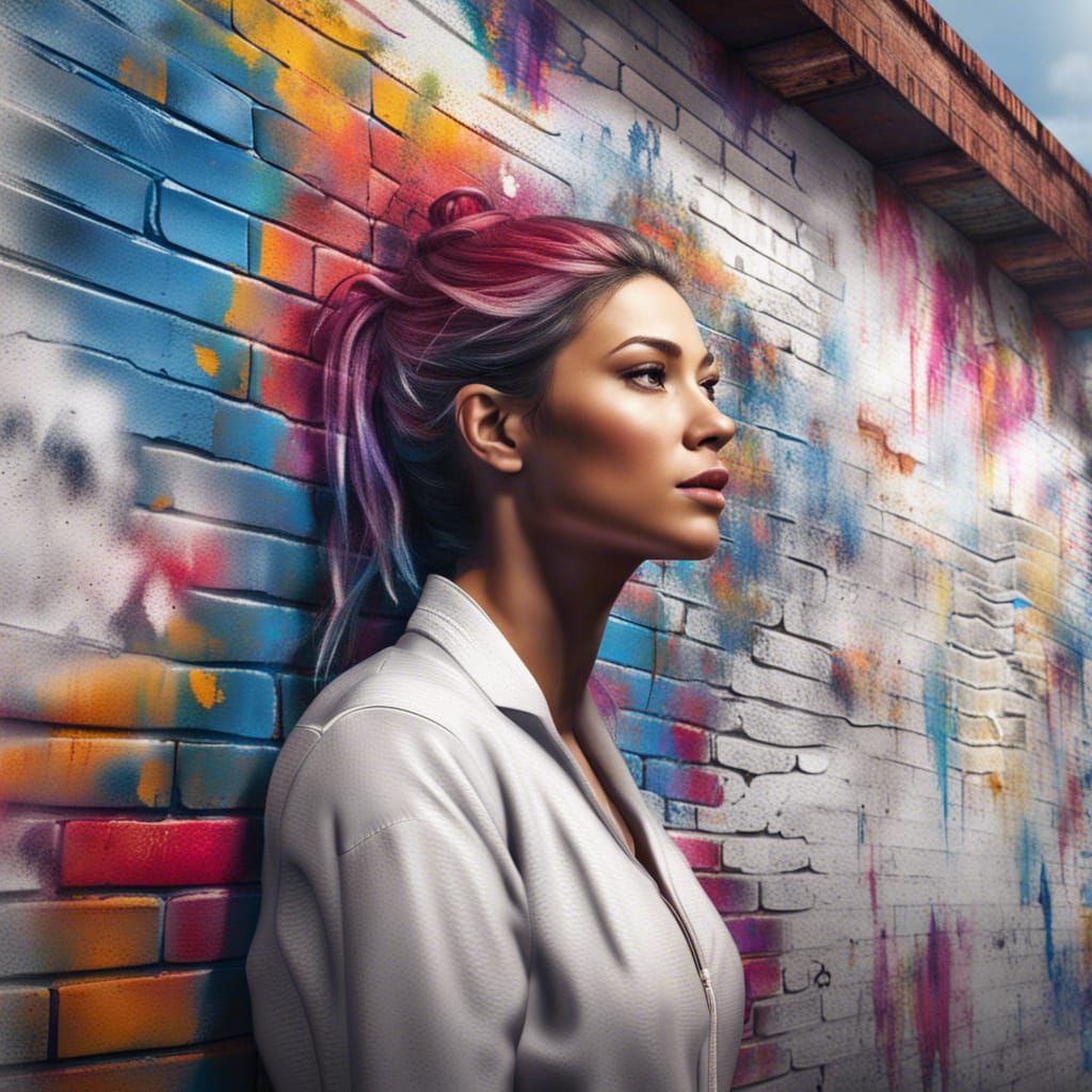 Graffiti Woman on White Brick Wall in Digital Art Style
