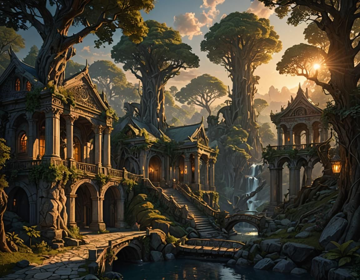 Mystical Elven City Unfolds at Sunset