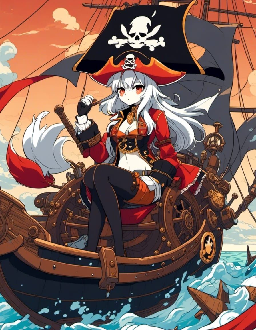 Kitsune fox dressed up as a pirate steering a pirate ship. Black, red, orange and white. 8K resolution <lora:Gridimation...