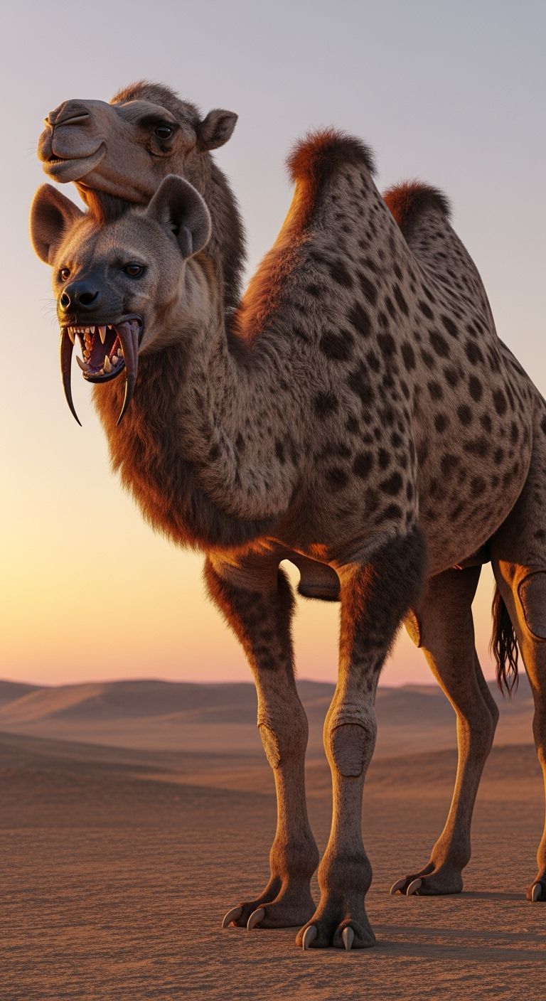 Camel-Hyena Hybrid in Desert Sunset: Photorealistic