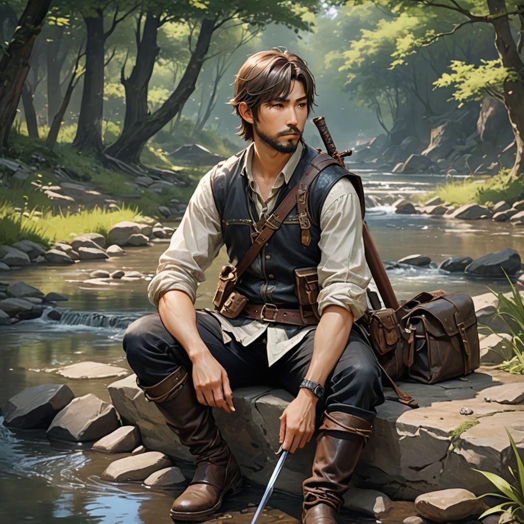 Resting Warrior Polishing Sword: 3D Anime Art