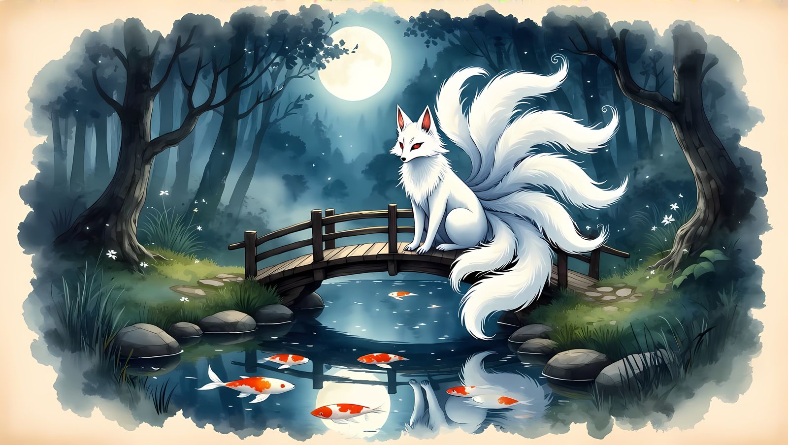 Silver Kitsune Goddess on Moonlit Bridge