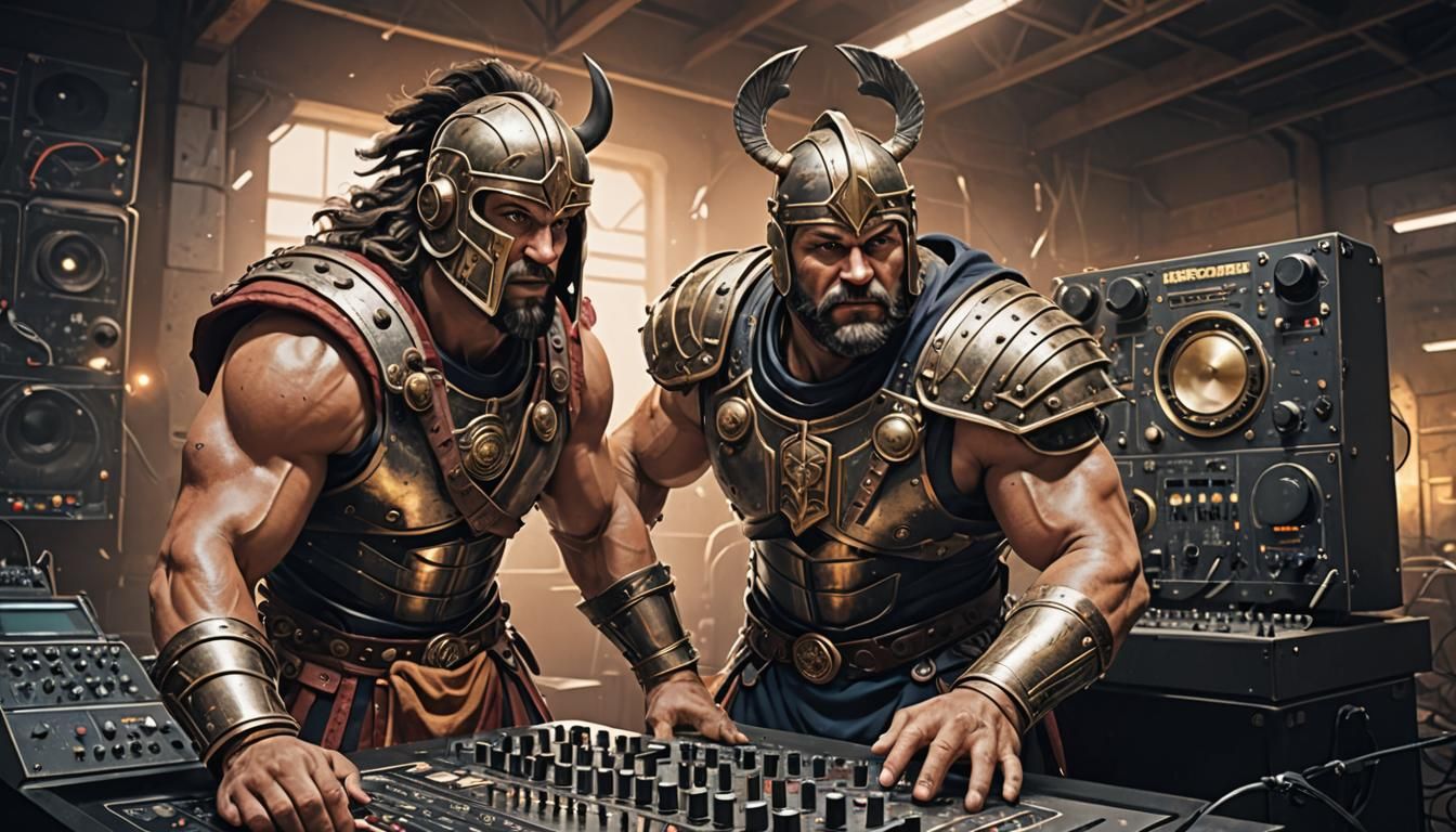 Victorious Gladiator Emerging from Modern Synthesizer