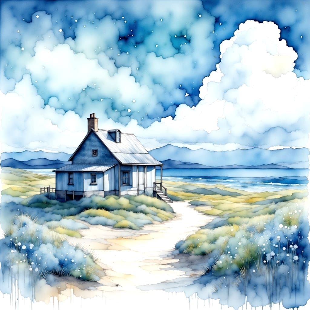 Fantasy Gingham Print Beach House in Radiant Blue and White