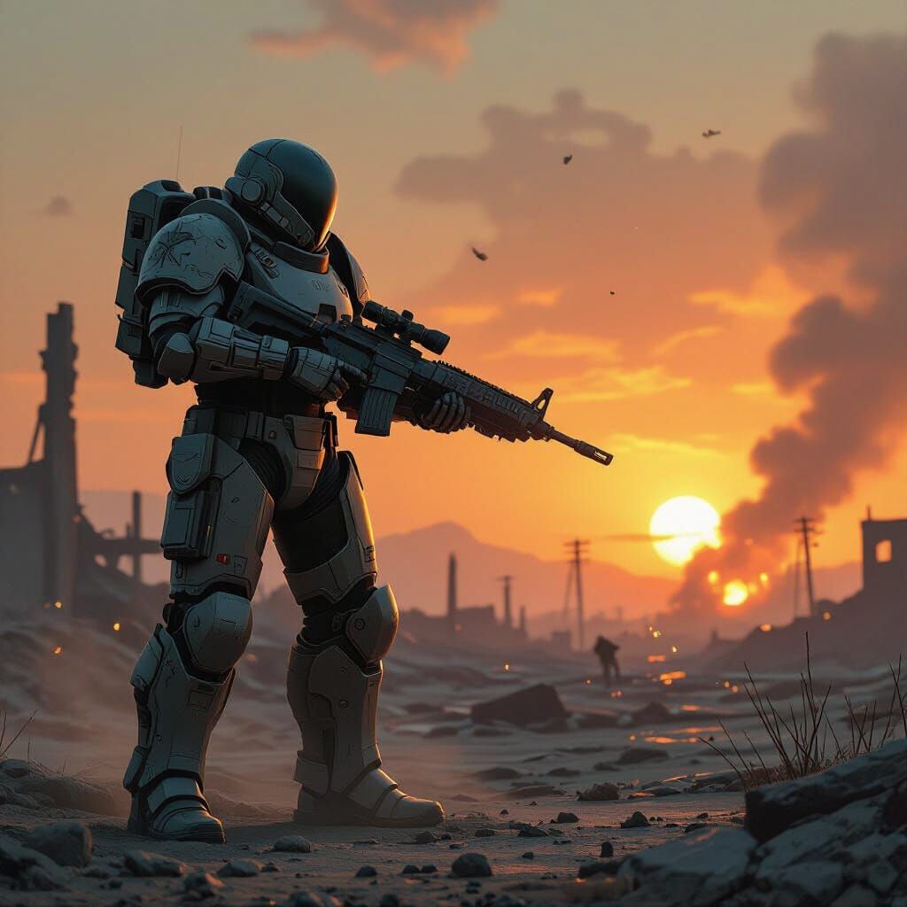Brotherhood of Steel Soldier in T-50 Armor at Nuclear Sunset