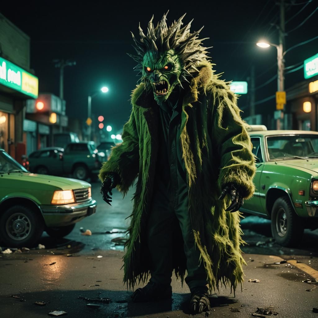 Monster Lurking in Neon Car Wreck: Cinematic Film Still