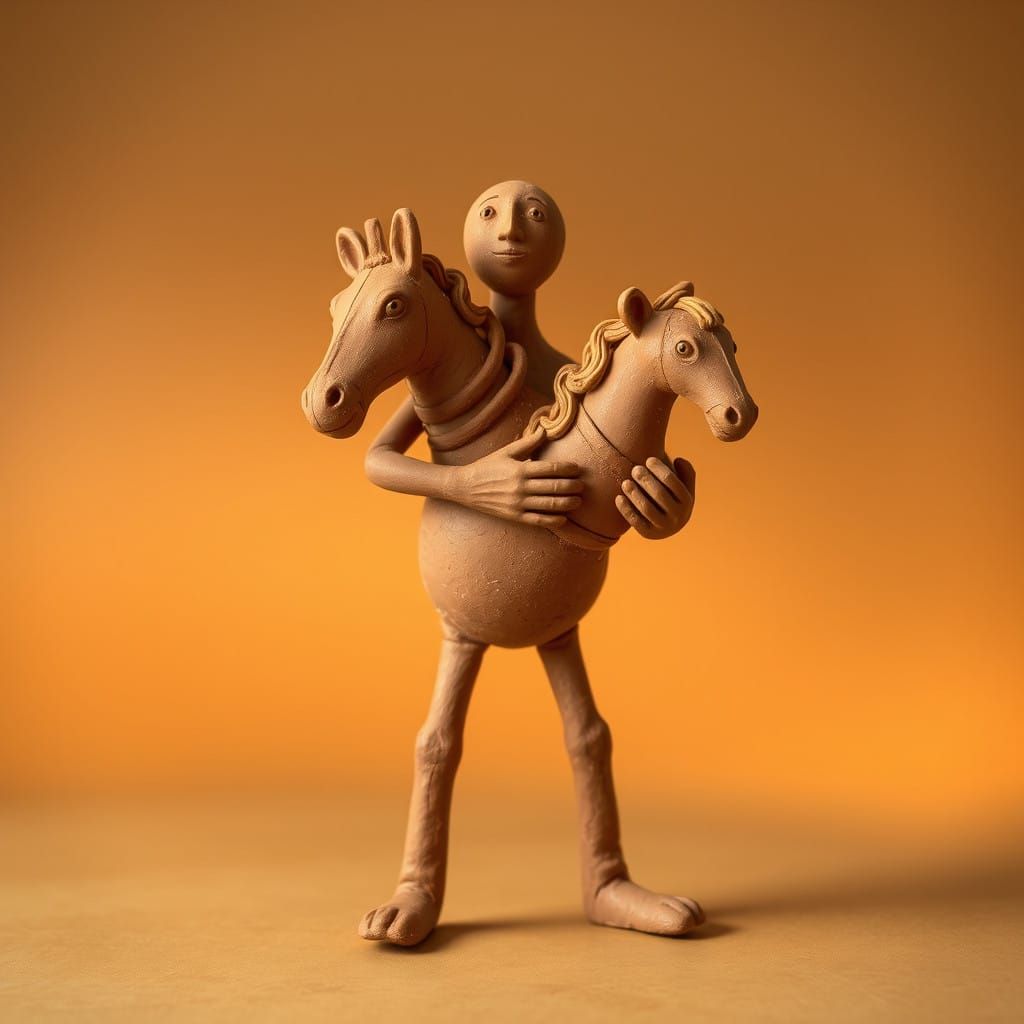 Primitive Clay Figure with Intricately Detailed Horse in Ear...