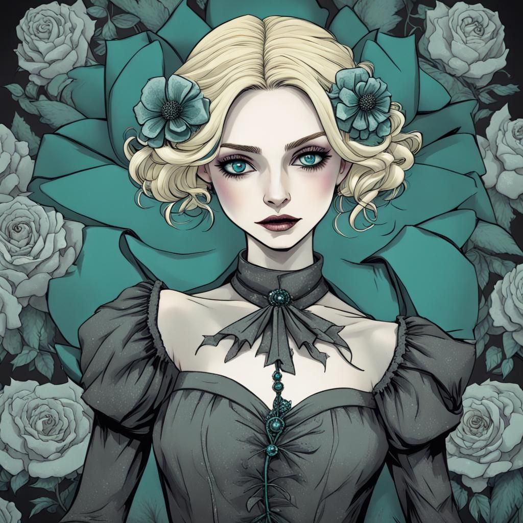 Gothic Woman with Teal Flower in Burton Style