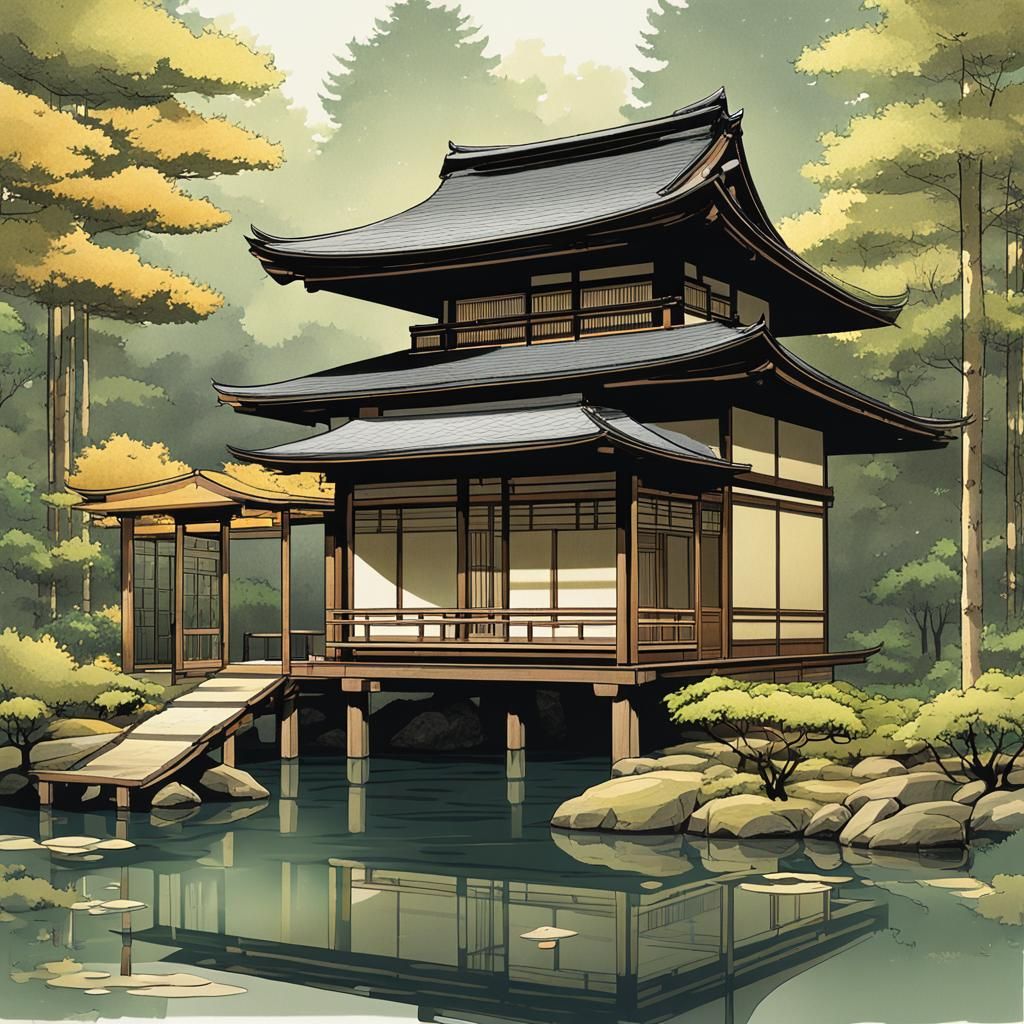 Japanese Pagoda House in Forest Setting