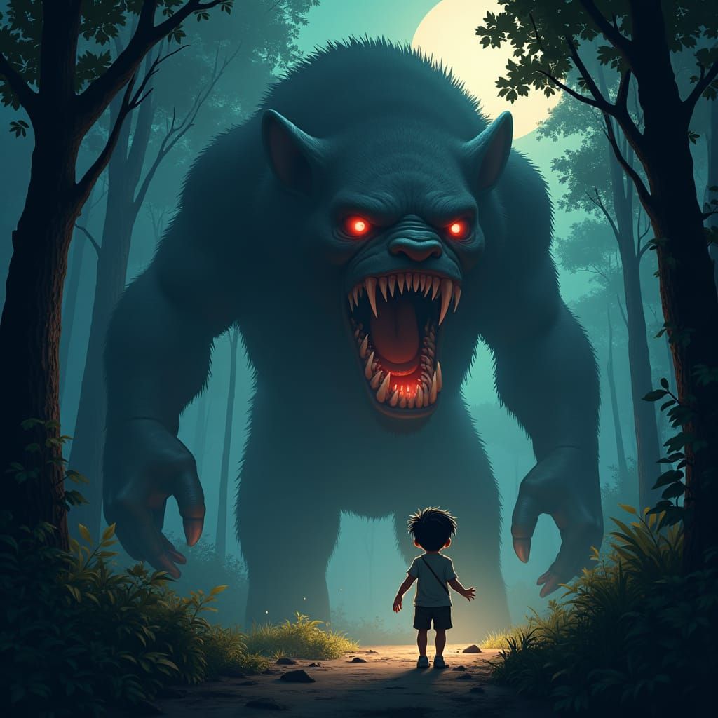 Terrifying Ogre Scares Boy in Dark Forest