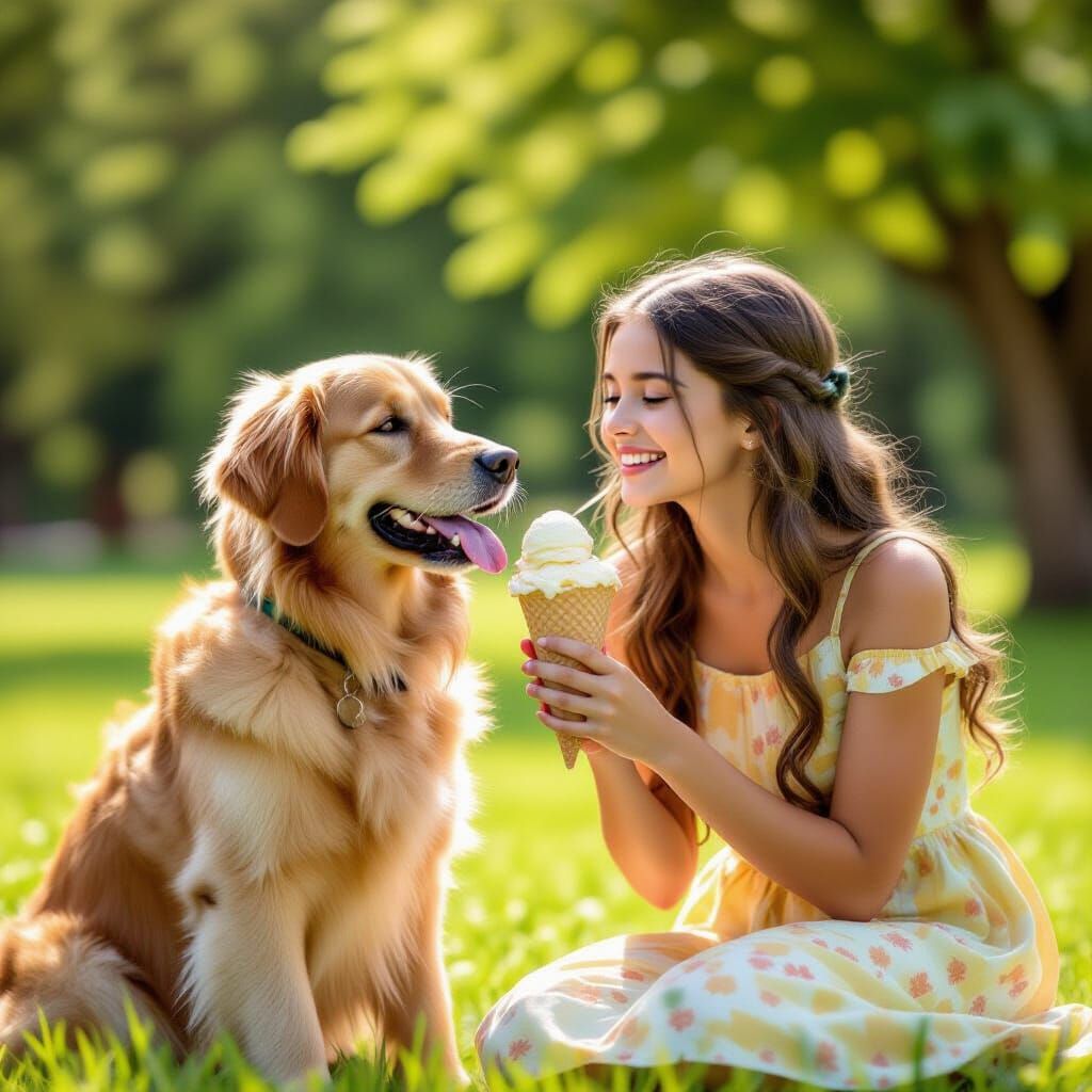 Girl Shares Ice Cream With Golden Retriever in Sunny Garden