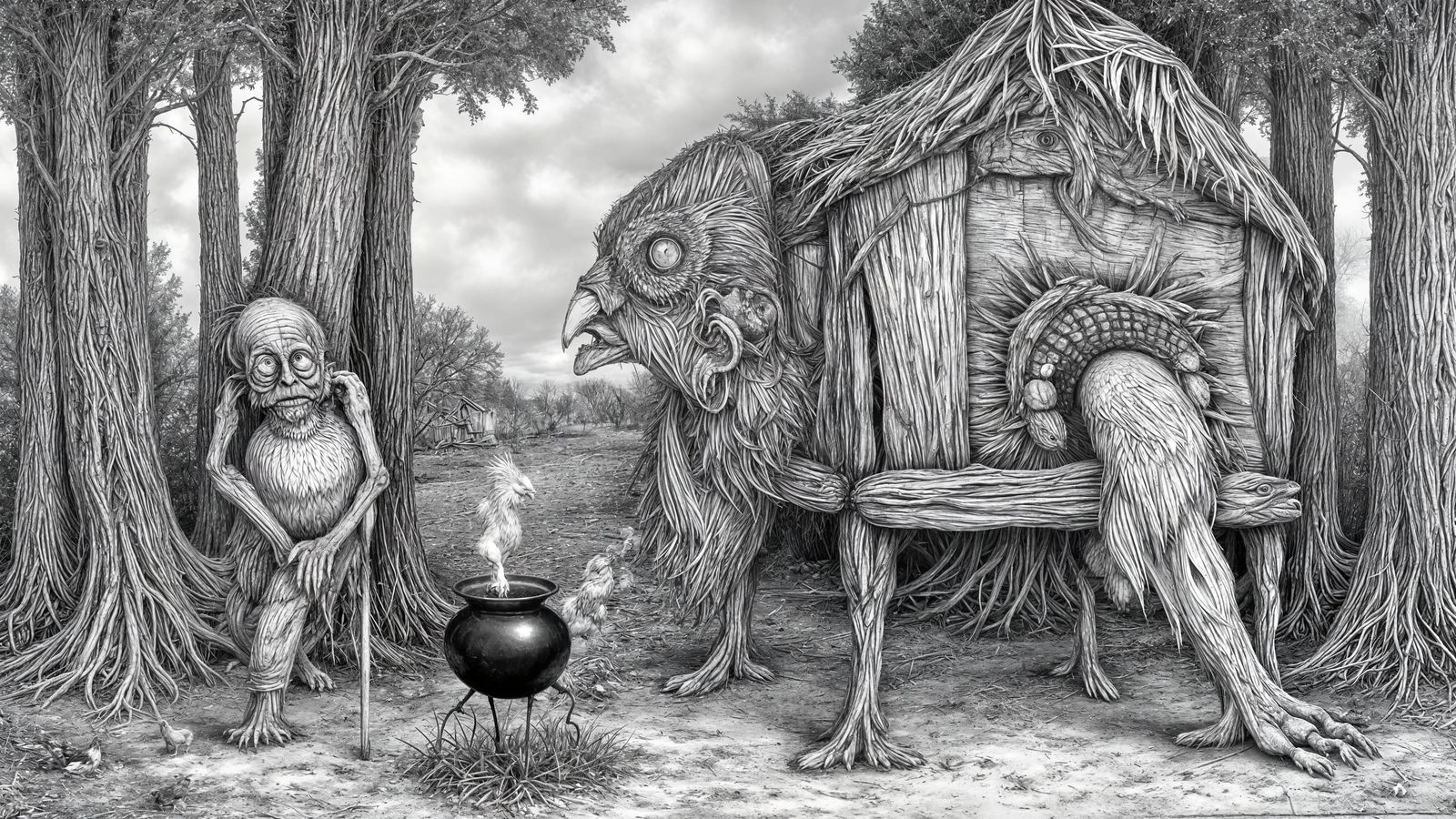 Baba Yaga's Cottage with Chicken Legs in Charcoal Style