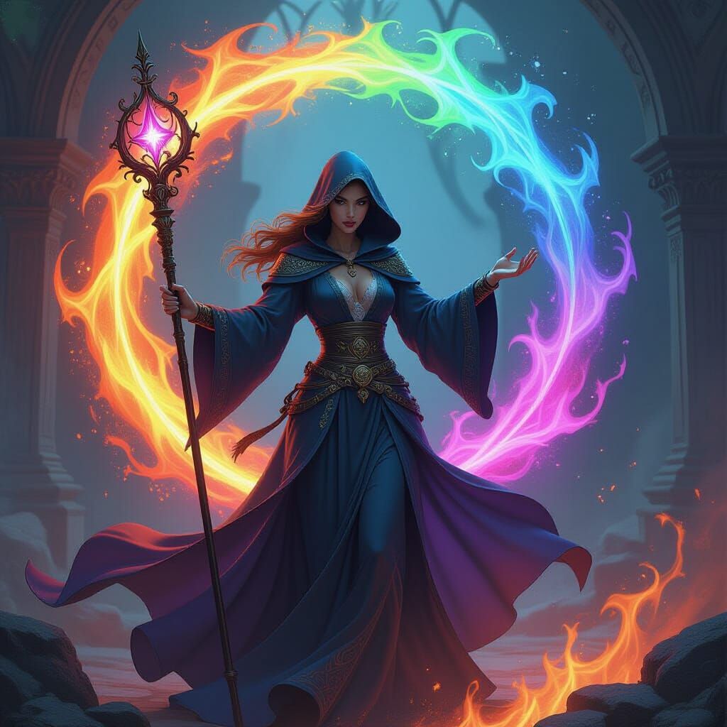 Sorceress of Rainbow Flames in Digital Painting Style