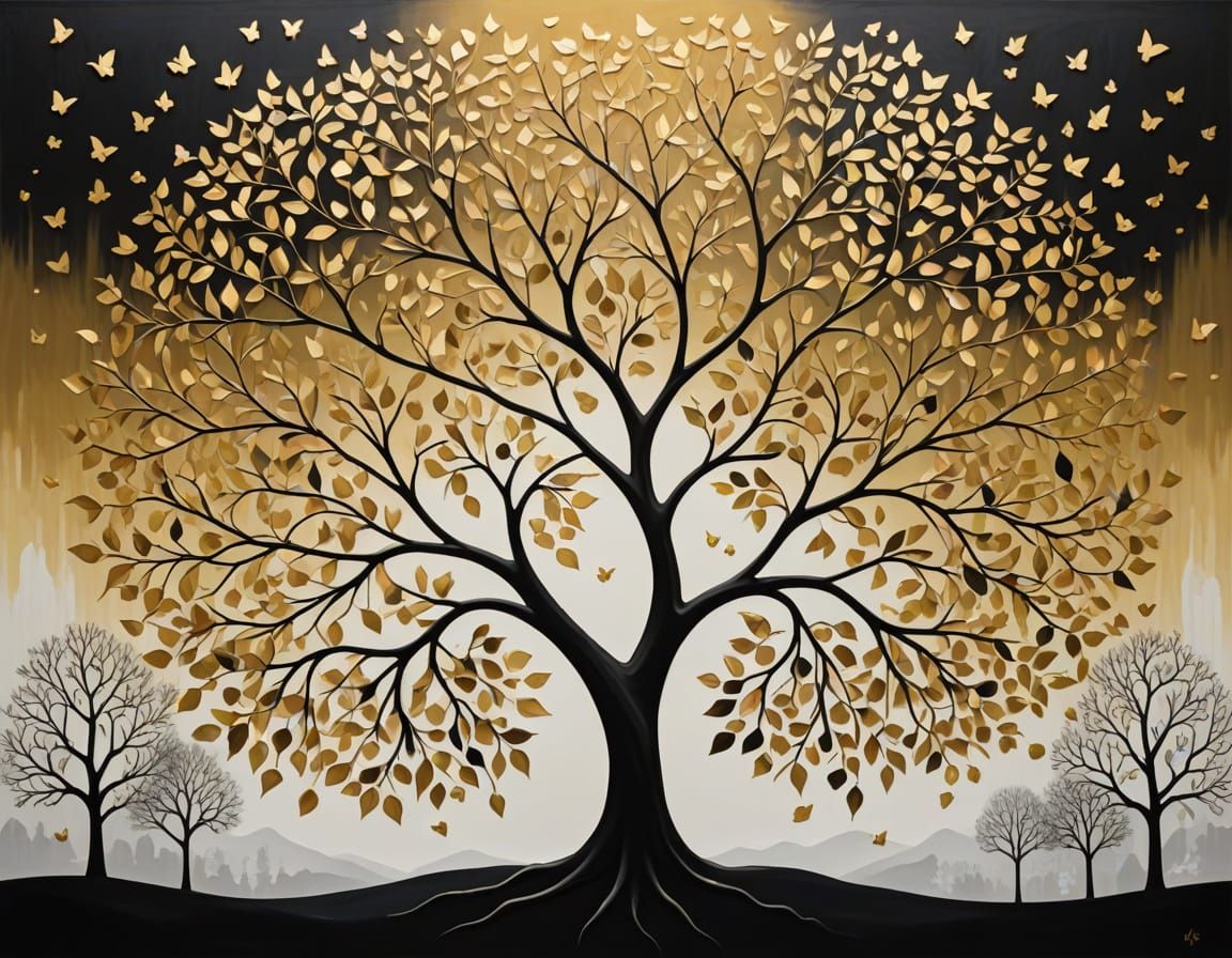 Abstract Tree Through Four Seasons in Gold
