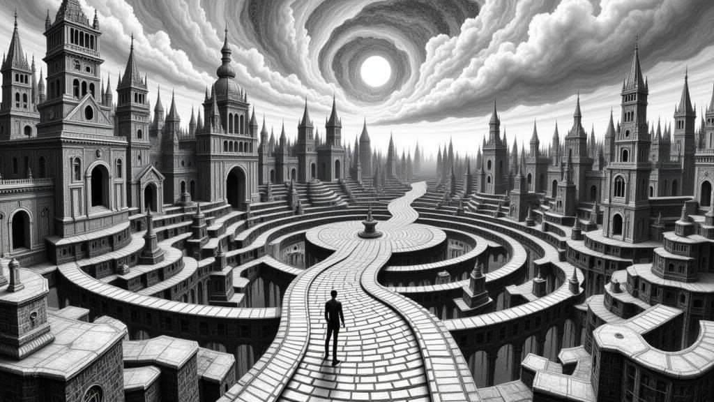 Escher-esque Labyrinth with Contemplative Figure, Charcoal D...