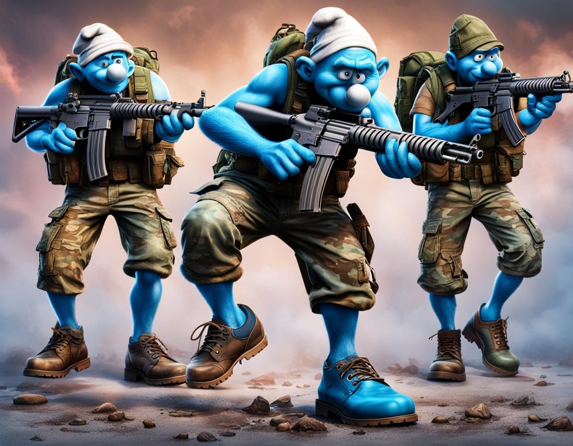 Smurf Soldier in Action, Photorealistic Concept Art