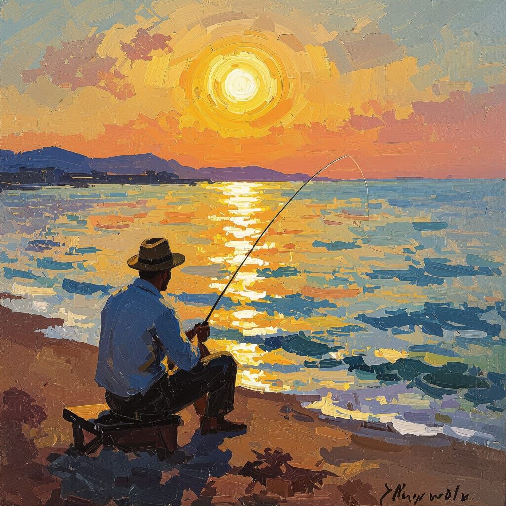 Man Fishing on Beach at Sunset, Impressionist Oil Painting