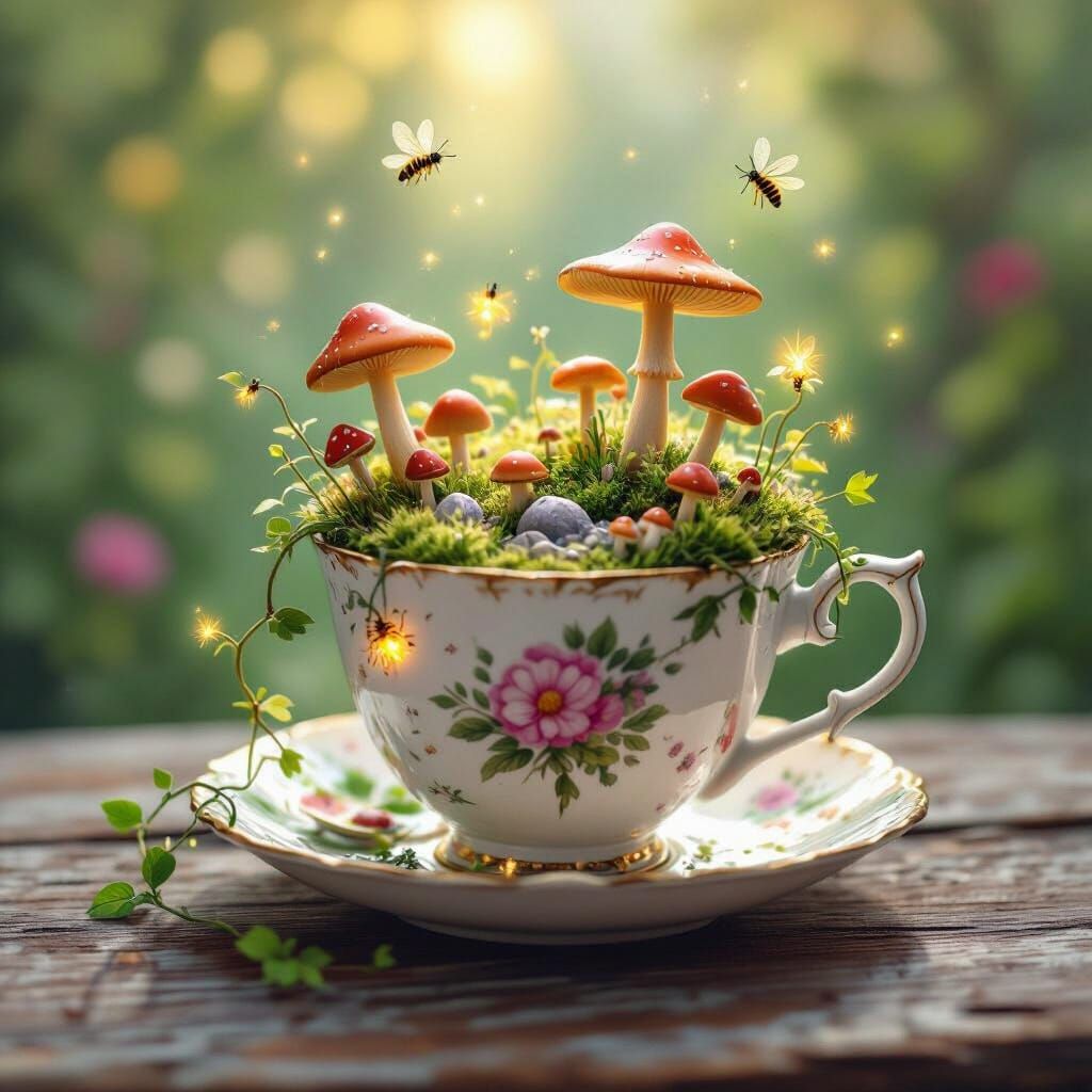 Enchanted Teacup with Forest Elements in Watercolor Style