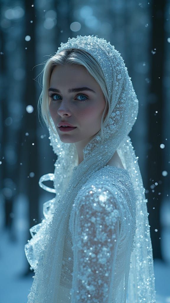 Ethereal Diamond Goddess Emerges Under Starry Skies in a Sno...