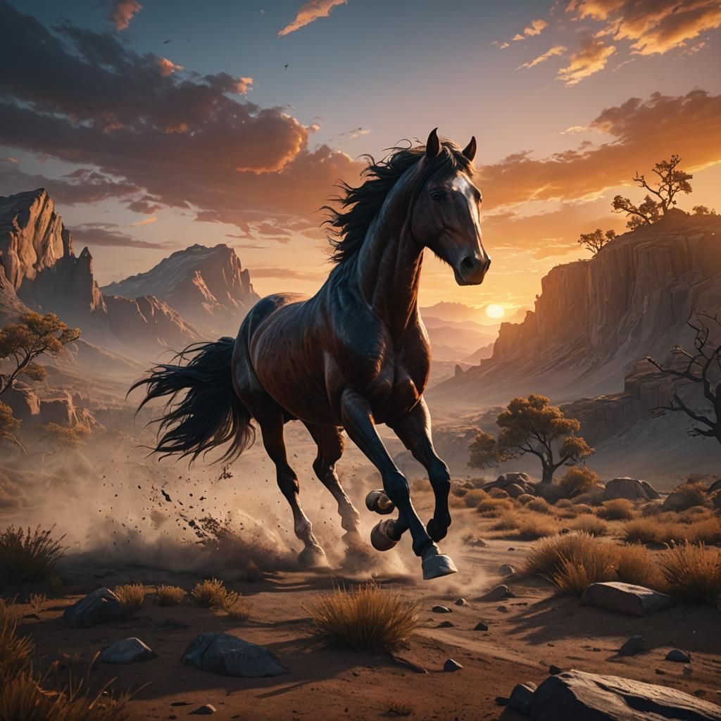 Wild Horse Galloping into Sunset: Fantasy Concept Art