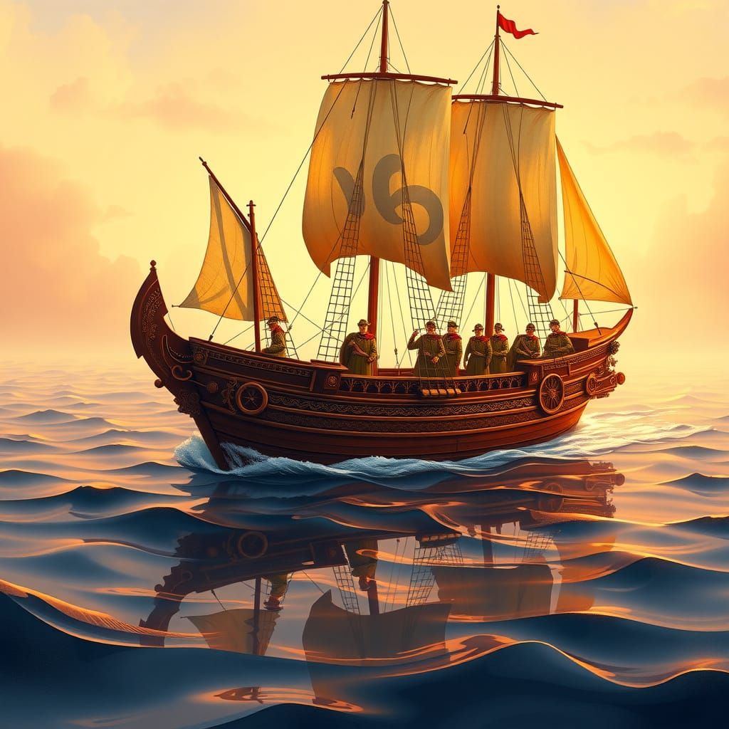 Majestic Apple Ship Sails on Grape Sea in Whimsical, Detaile...