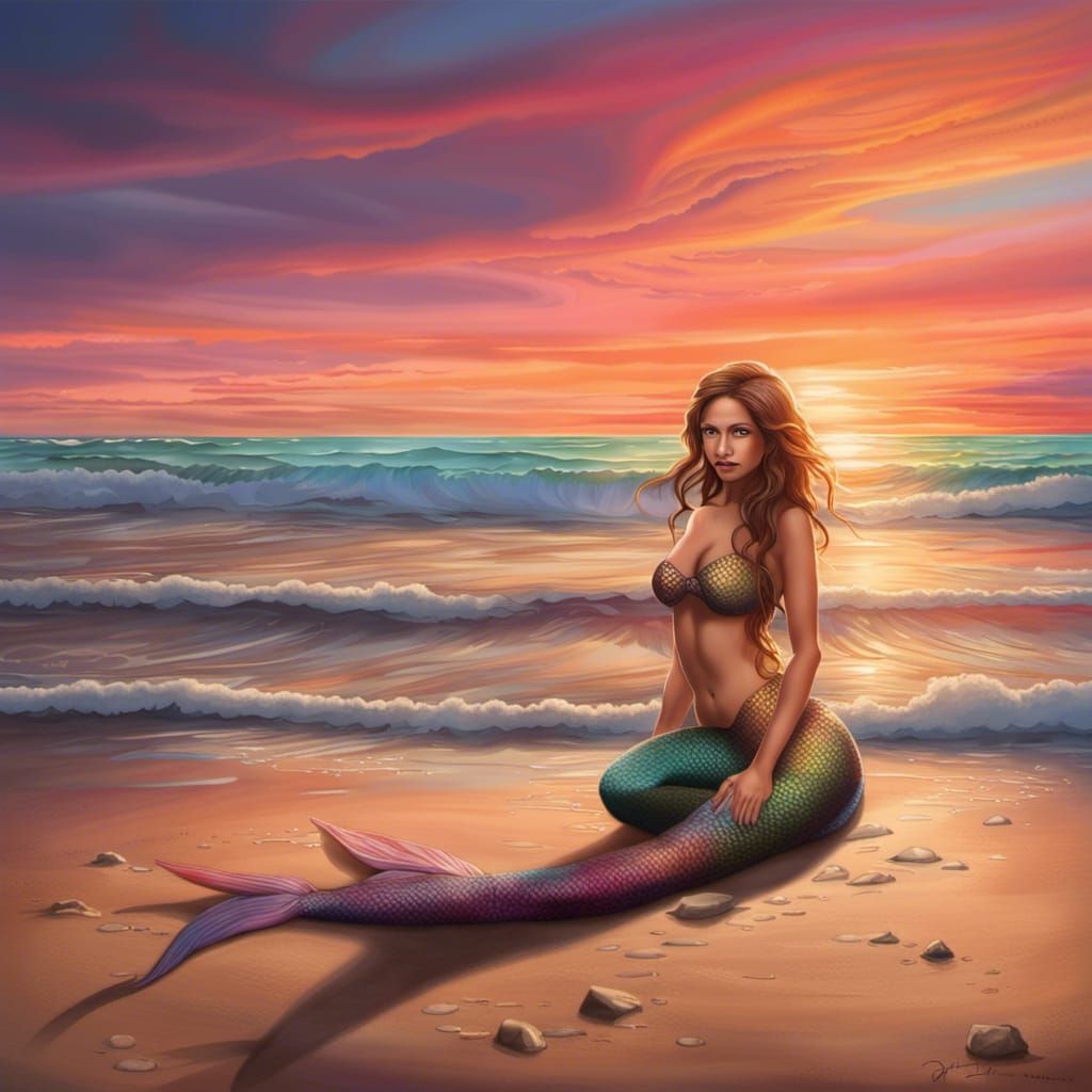 Hyper-Realistic Colorful Mermaid at Sunset