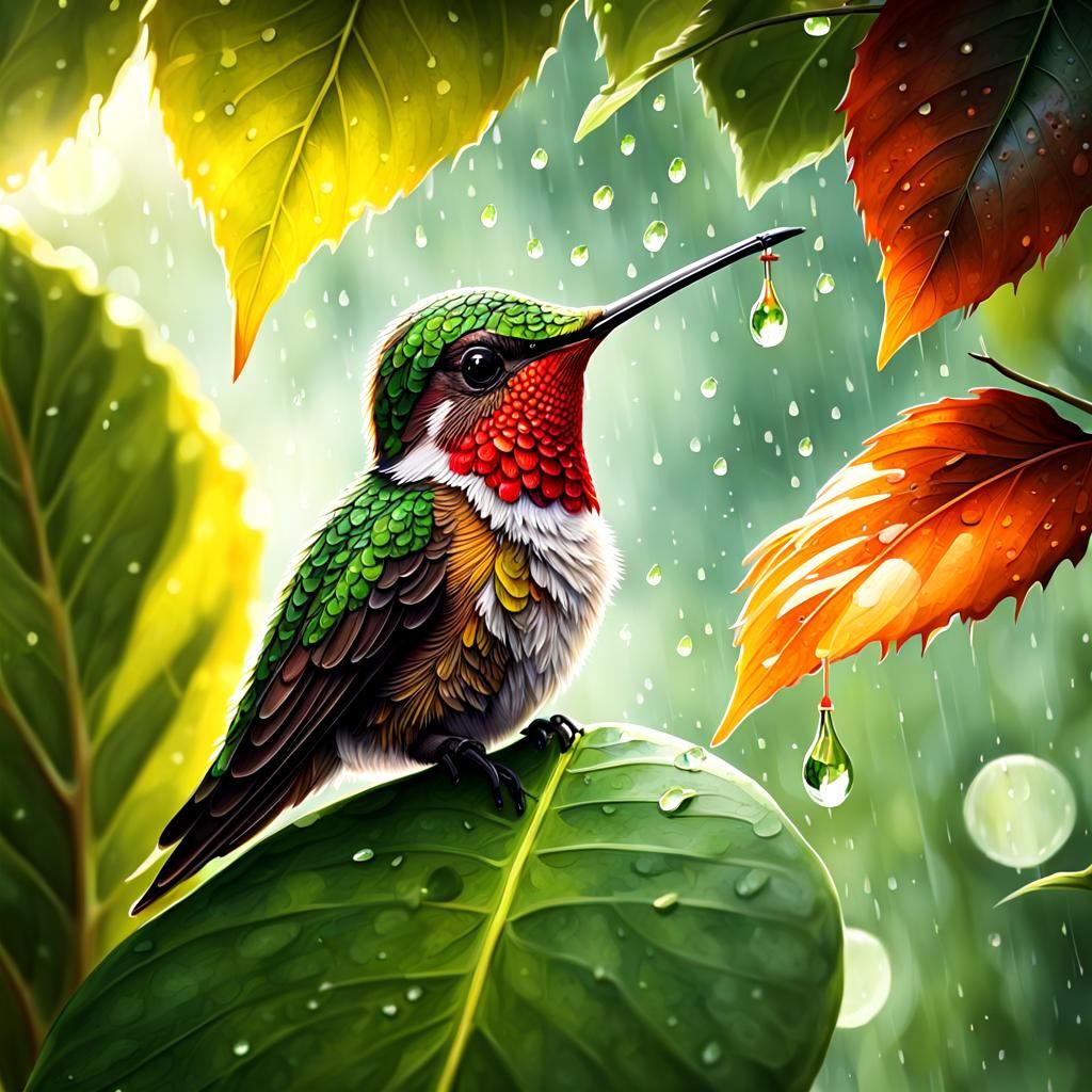 Baby Hummingbird Hiding in Rain: Digital Matte Painting