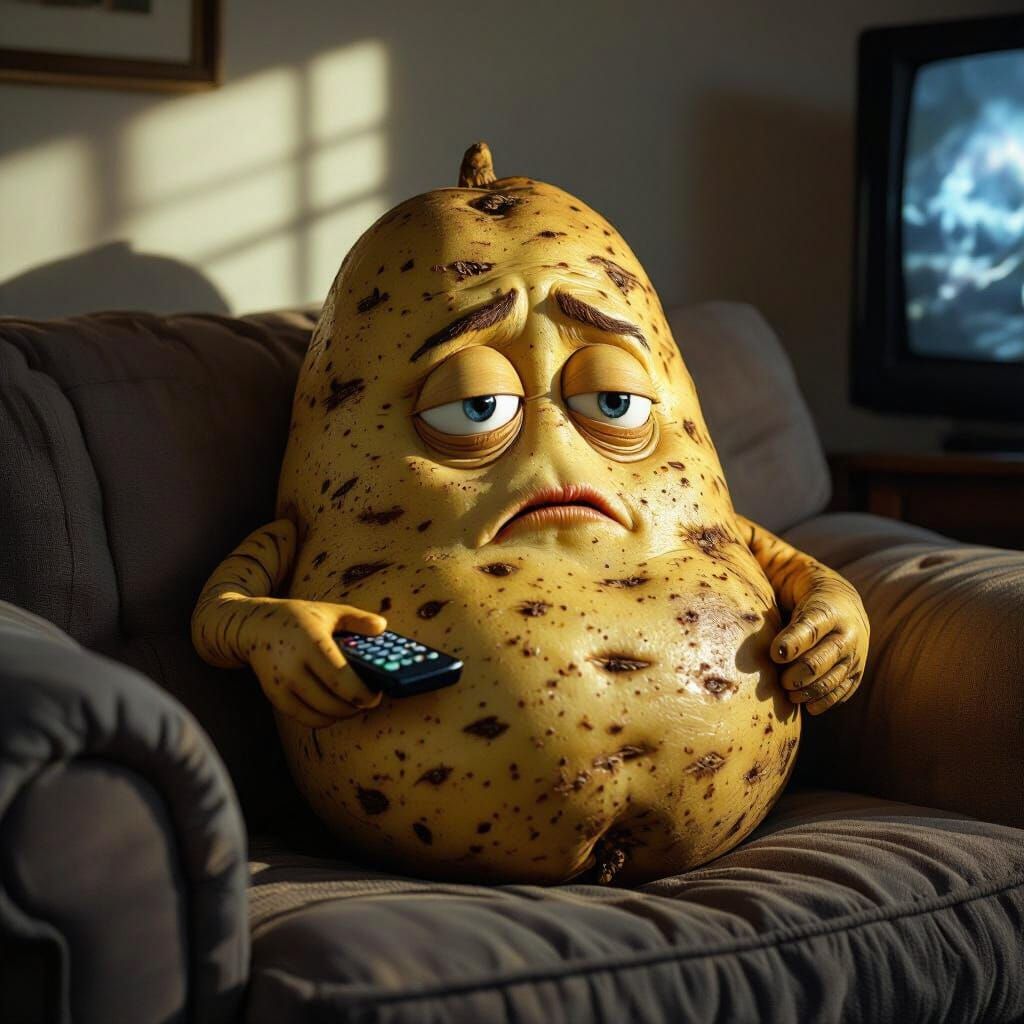 Sentient Potato Lounges on Couch in Dramatic Light