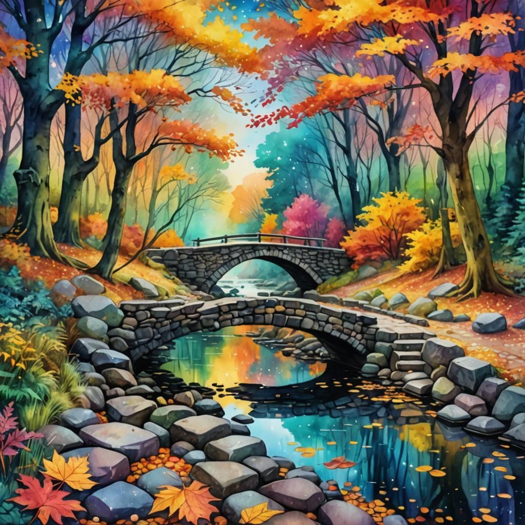 Majestic Autumn Forest Scene in Watercolor