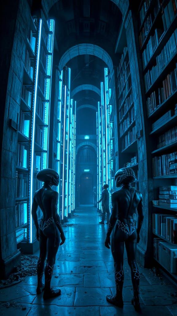 Alien Library with Holographic Shelves and Neon Terminals