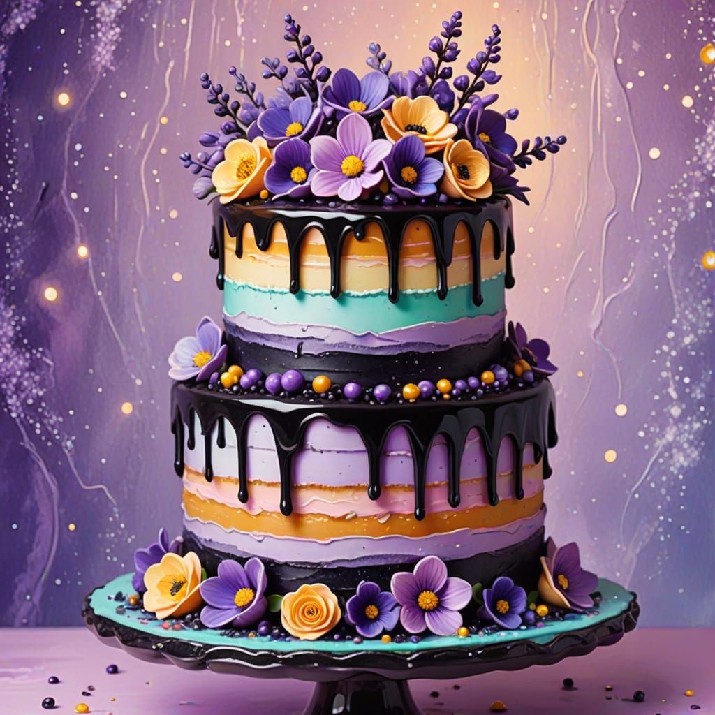 Floating Fantasy Cake with Liquorice Glaze in Acrylics