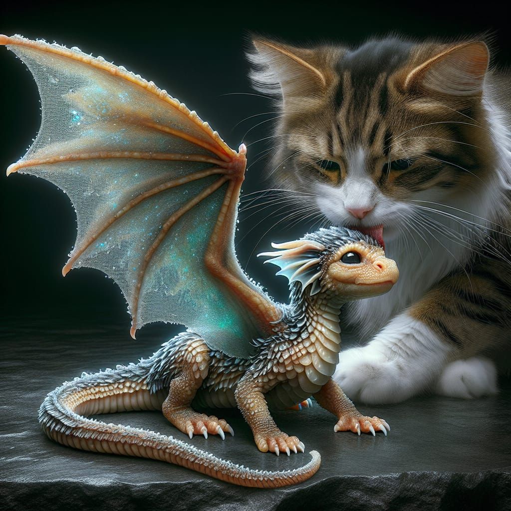 Cat Bathes Baby Dragon in Photorealistic Detail