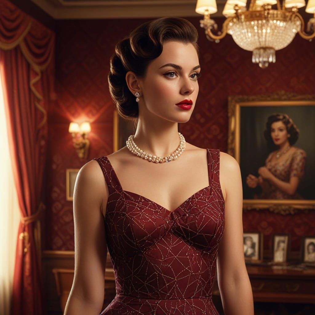 1950s Pin-Up Girl Portrait in Digital Art Style