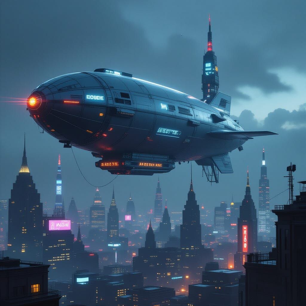 Cyberpunk Zeppelin Over Futuristic Megalopolis
