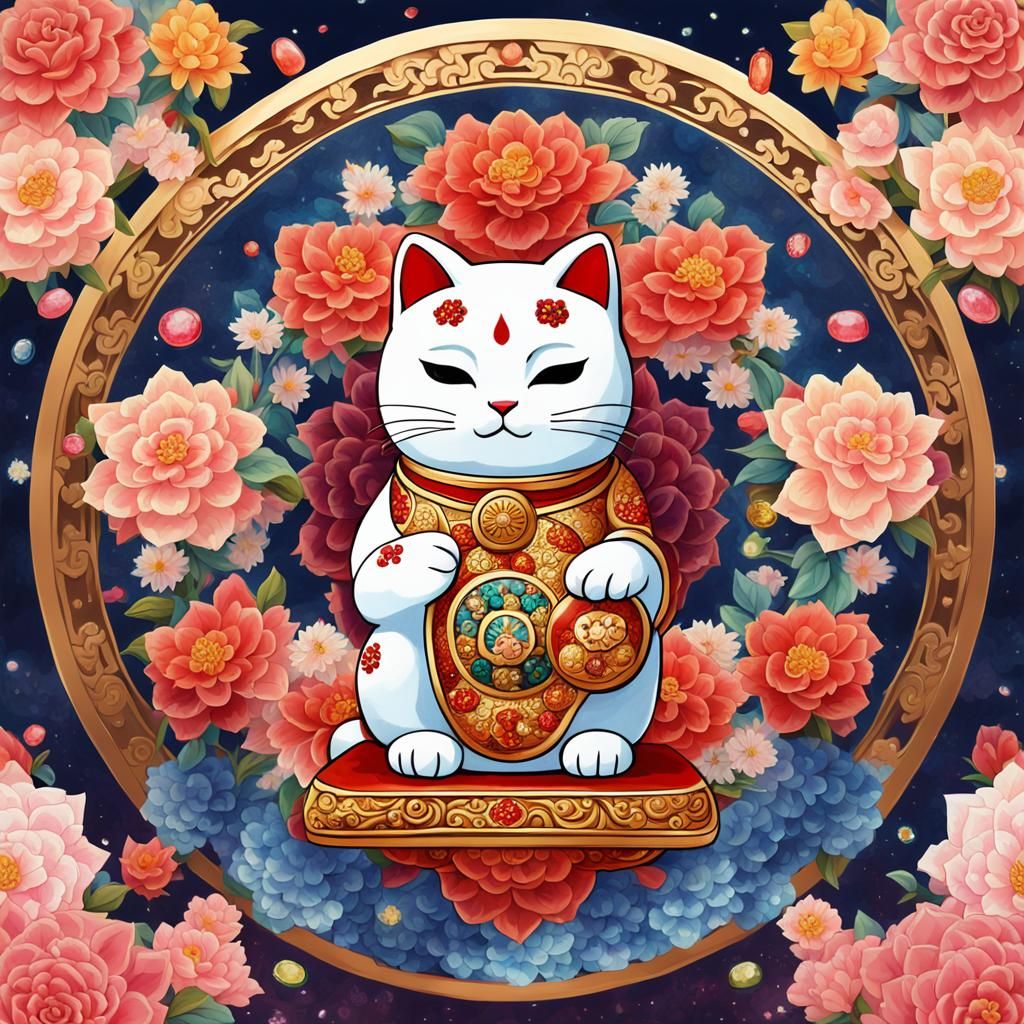 Baroque Maneki Neko Oil Painting with Mandala