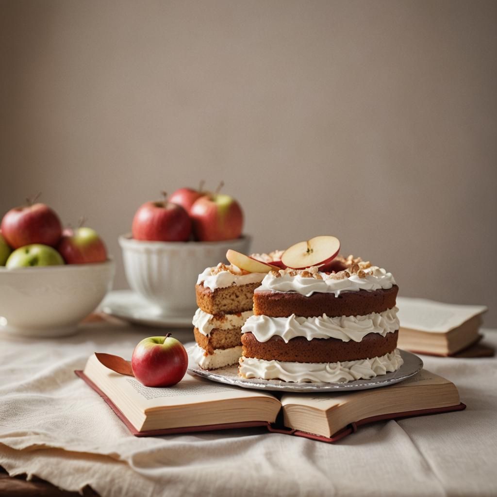 Still Life Photograph of Apple and Cake with Book