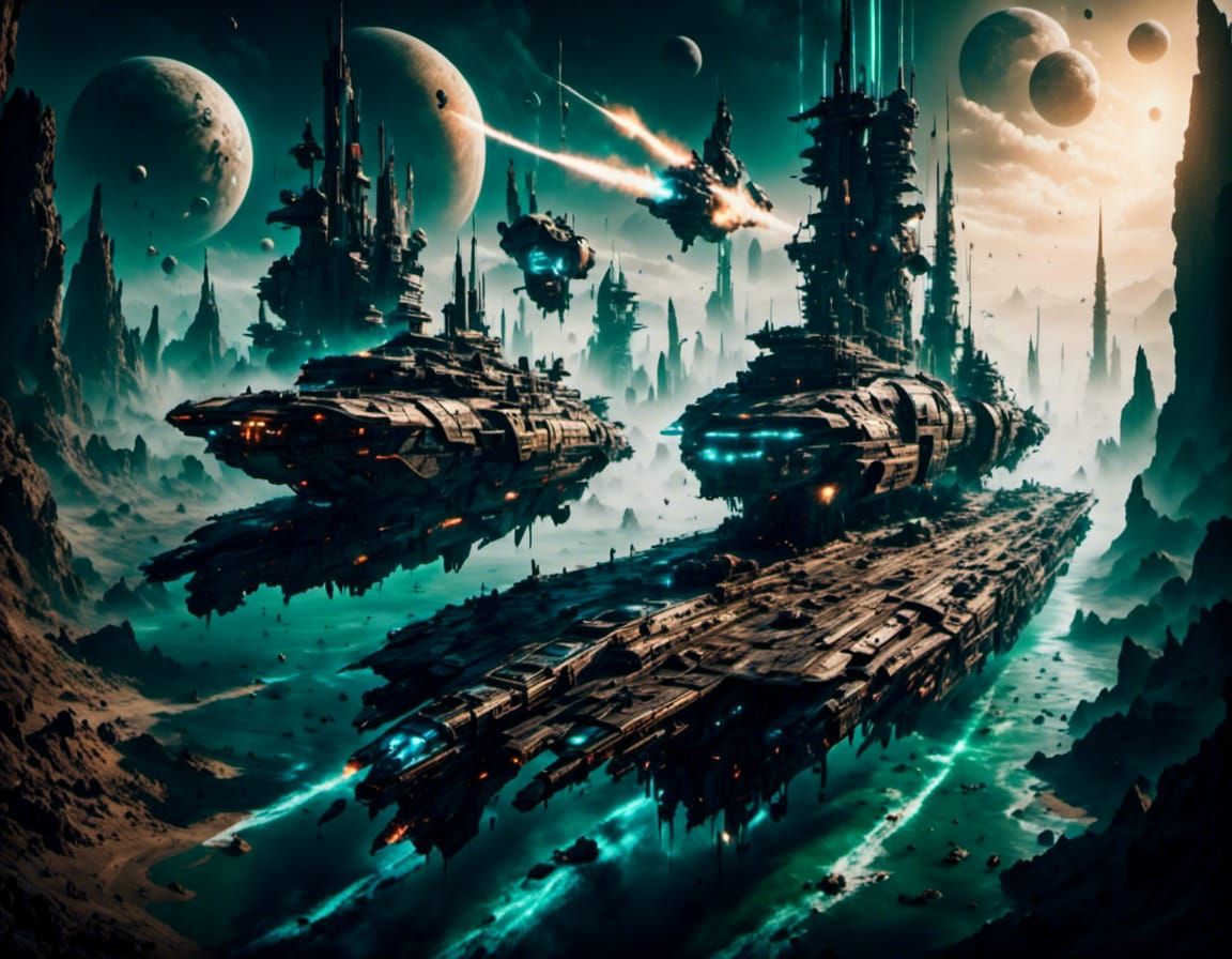 Capital Ship Launching Fighters in Sci-Fi Style