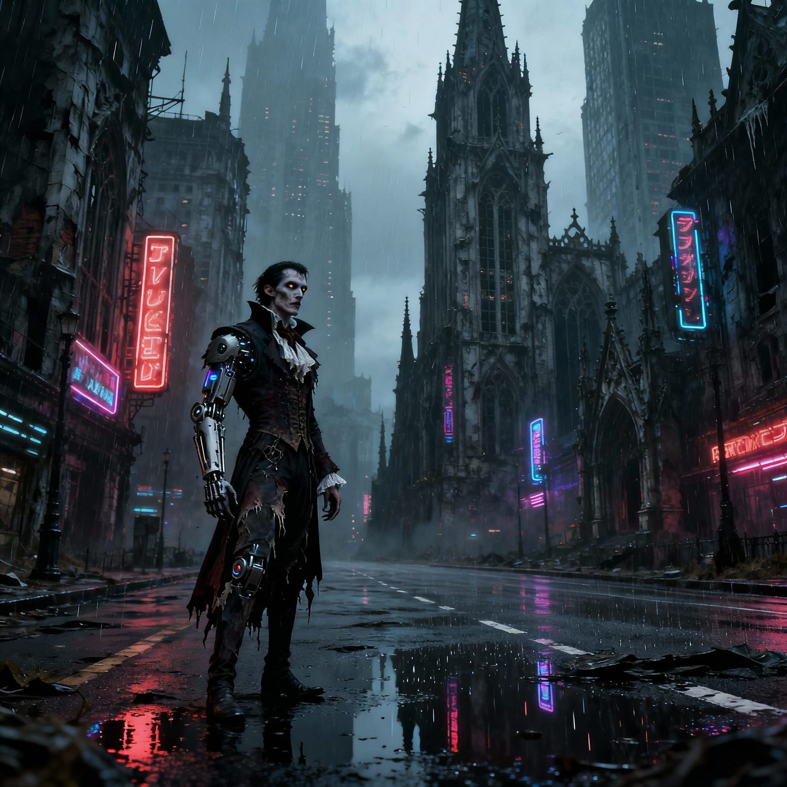 Cyberpunk Vampire Surveys Dystopian Metropolis