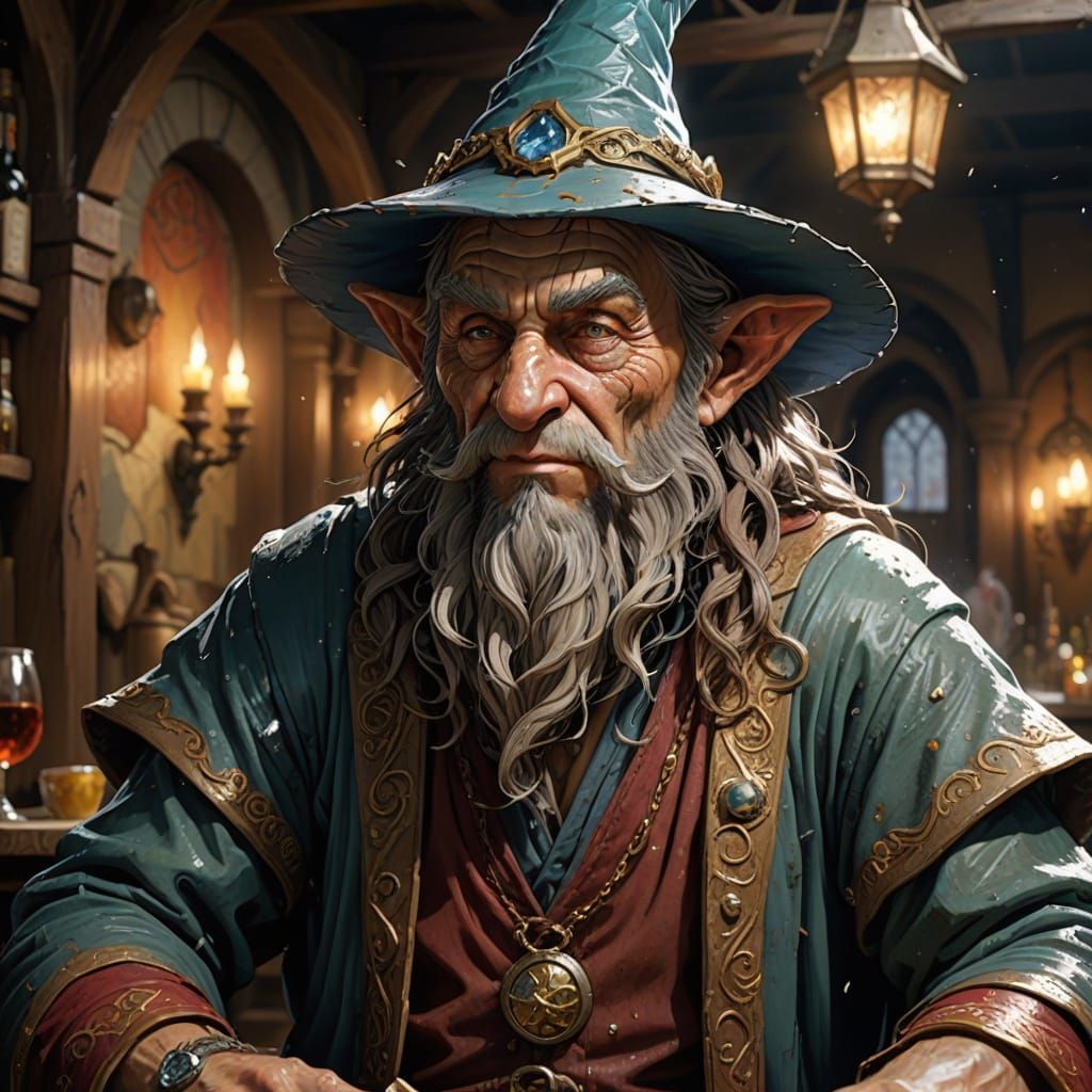 Tattered Mage in a Lively Tavern Scene